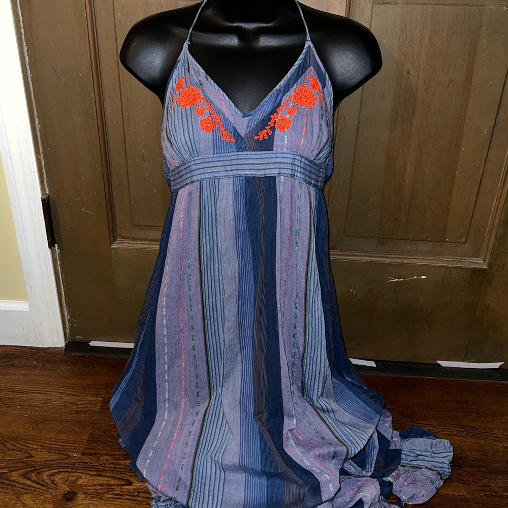 Vintage Blue Stripe Halter Open Back Embroidery Boho Ruffle Maxi Dress Size M - Picture 5 of 11
